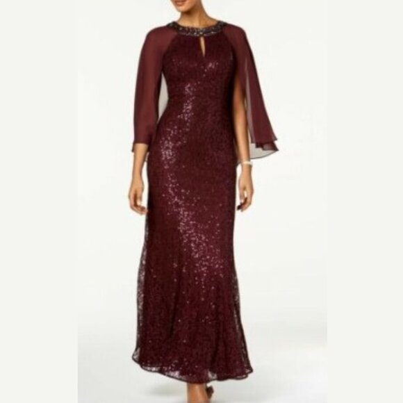 SLNY Women's Burgundy Sequined Rhinestone Capelet Maxi Formal Sheath Dress - 8P - Picture 1 of 8